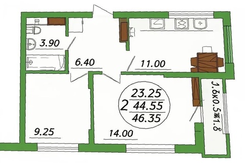 2-к квартира, 46 м², 9/13 эт.