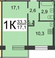 Квартира, 34 м², 1 комн.