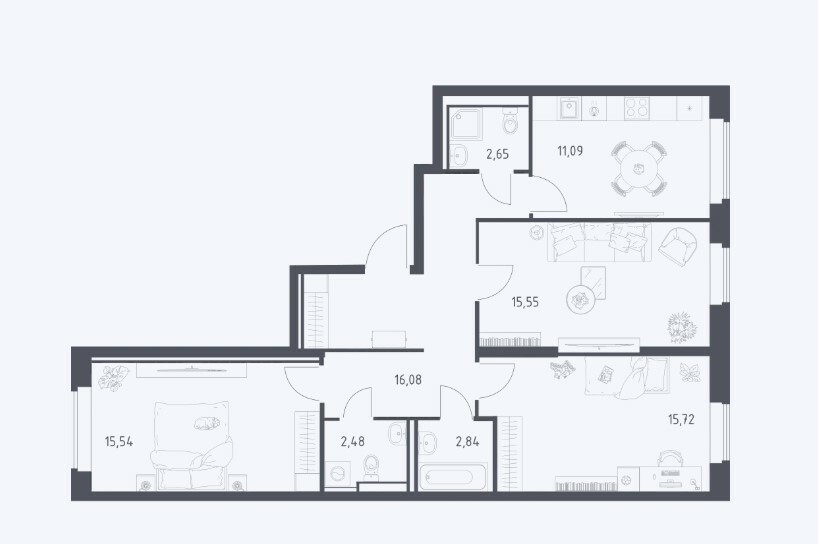 Квартира, 82 м², 3 комн.