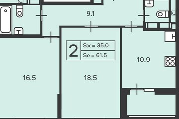 2-к квартира, 61,5 м², 13/14 эт.