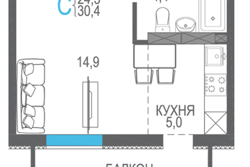 1-к квартира, 30 м², 6/9 эт.