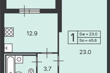 1-к квартира, 45,6 м², 5/45 эт.