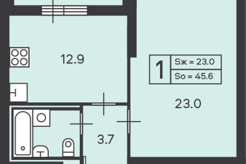 1-к квартира, 45,6 м², 8/45 эт.