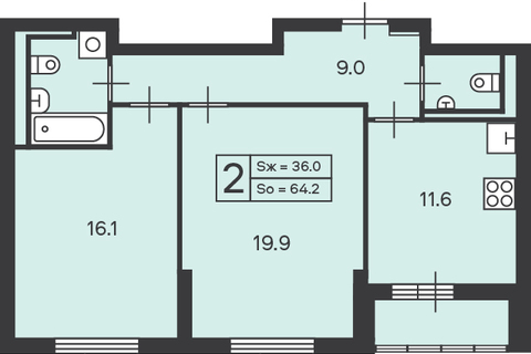 2-к квартира, 64,2 м², 23/45 эт.