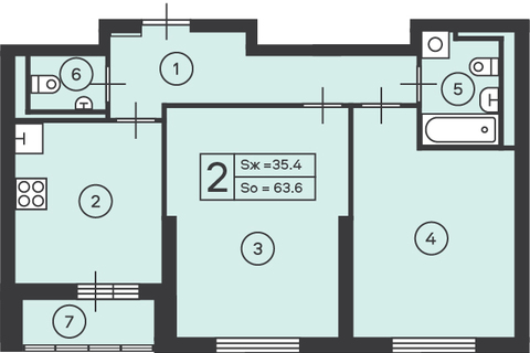 2-к квартира, 63,6 м², 14/45 эт.