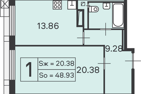 1-к квартира, 48,9 м², 3/26 эт.